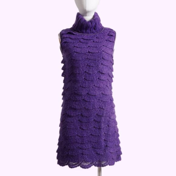 MALANDRINO Violet Purple Turtleneck Ruffled Wool Sweater Dress - Picture 1 of 7